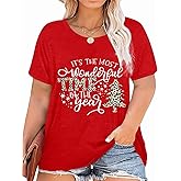 Plus Size Womens Christmas Tops Merry Christmas Shirt Xmas Oversized T-Shirt Buffalo Plaid Tree Cute Graphic Print Tee Tops