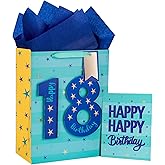 Loveinside Birthday Blue Gift Bag with Tissue Paper, Gift Tag and Greeting Card for Teenager, Party and More, 10" x 5" x 13", 1 Pcs, 18 Years Old