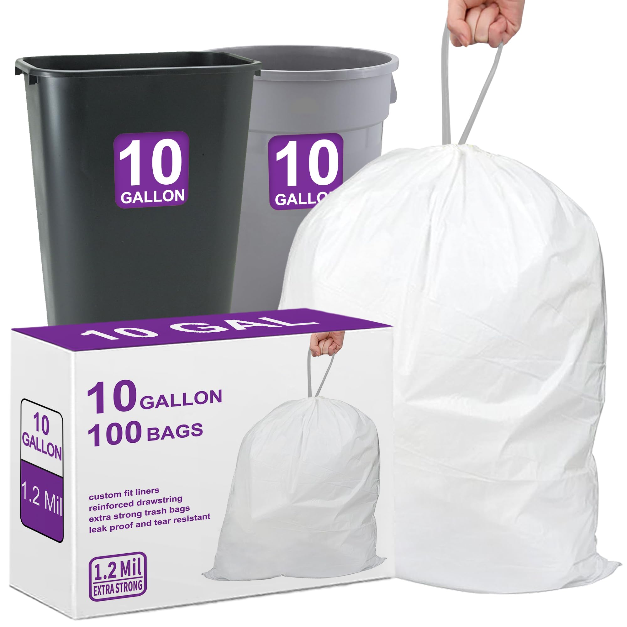Photo 1 of 10 Gallon Heavy Duty Trash Bags 1.2 Mil THICK 100 Count with Reinforced Drawstring | Compatible with Rubbermaid Brute 10 Gallon Trash Can & Fit All 7, 9, 10, 13 Gallon Trash Can Tear & Leak Resistant