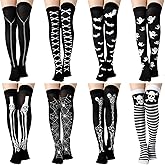 Geyoga 8 Pairs Halloween Thigh High Stockings for Women Skeleton Spooky Socks over Knee Long Socks for Cosplay