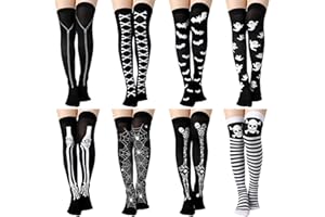Geyoga 8 Pairs Thigh High Stockings for Women Gothic Skeleton Spooky Socks over Knee Long Socks for Halloween Cosplay