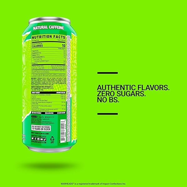 GHOST ENERGY DRINK – 12-PACK, WARHEADS SOUR GREEN APPLE, 16OZ – ENERGY & FOCUS & NO ARTIFICIAL COLORS – 200MG OF NATURAL CAFFEINE, L-CARNITINE & TAURINE – GLUTEN-FREE & VEGAN