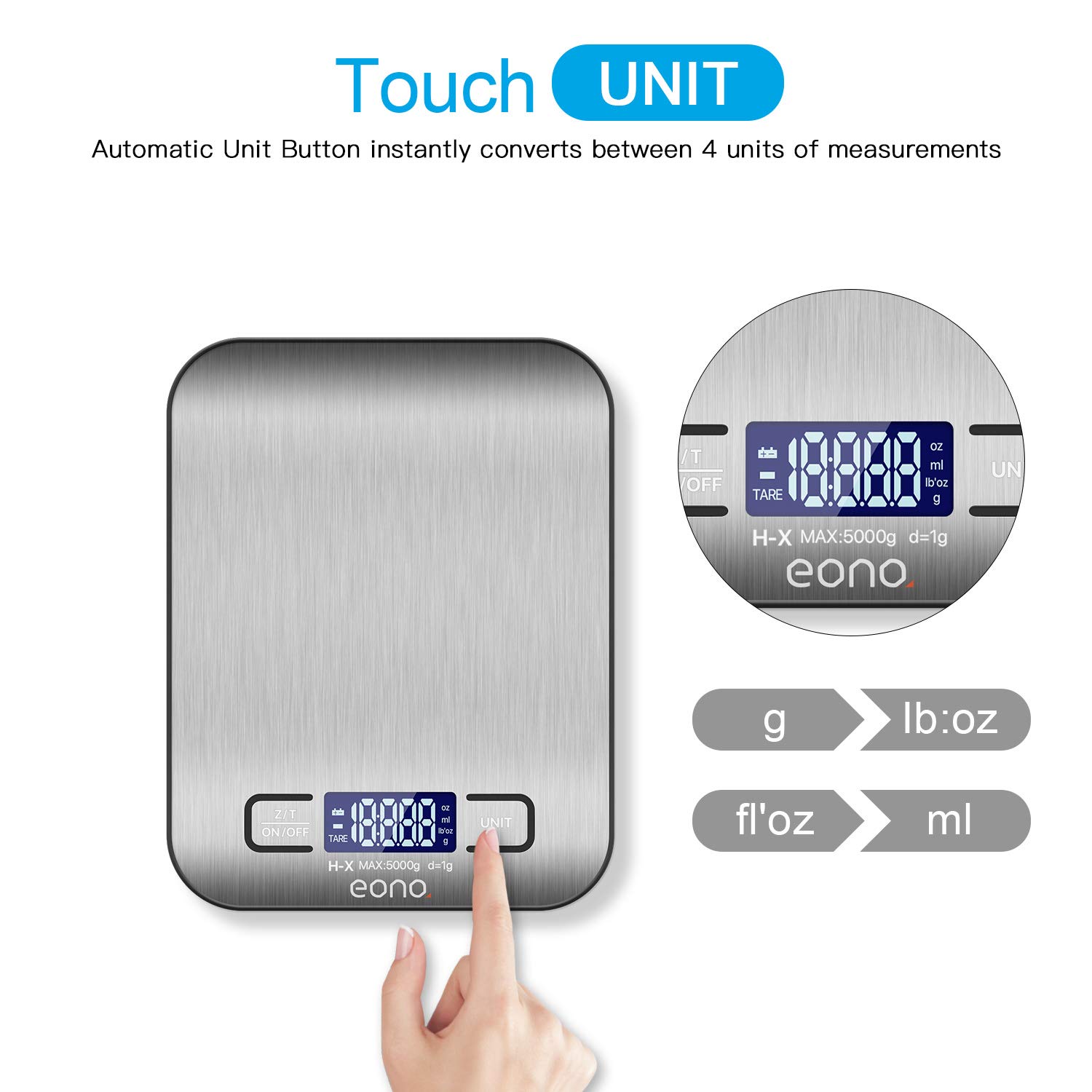 Eono by Amazon - Digital Kitchen Weighing Scale, Premium Stainless Steel Food Scales Weight Grams and Oz for Baking and Cooking 5KG/1g- 15Yr Guarantee