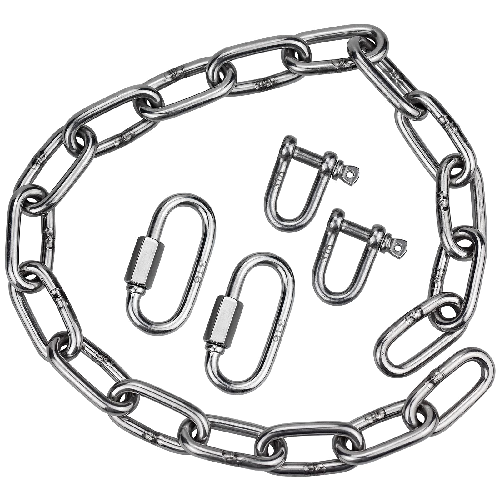 5 mm Thick 316 Stainless Steel Chain, Strong Bright Heavy Duty Steel Welded Chain Links with 2 Carabiners and 2 Shackle Screw Connectors 50 cm