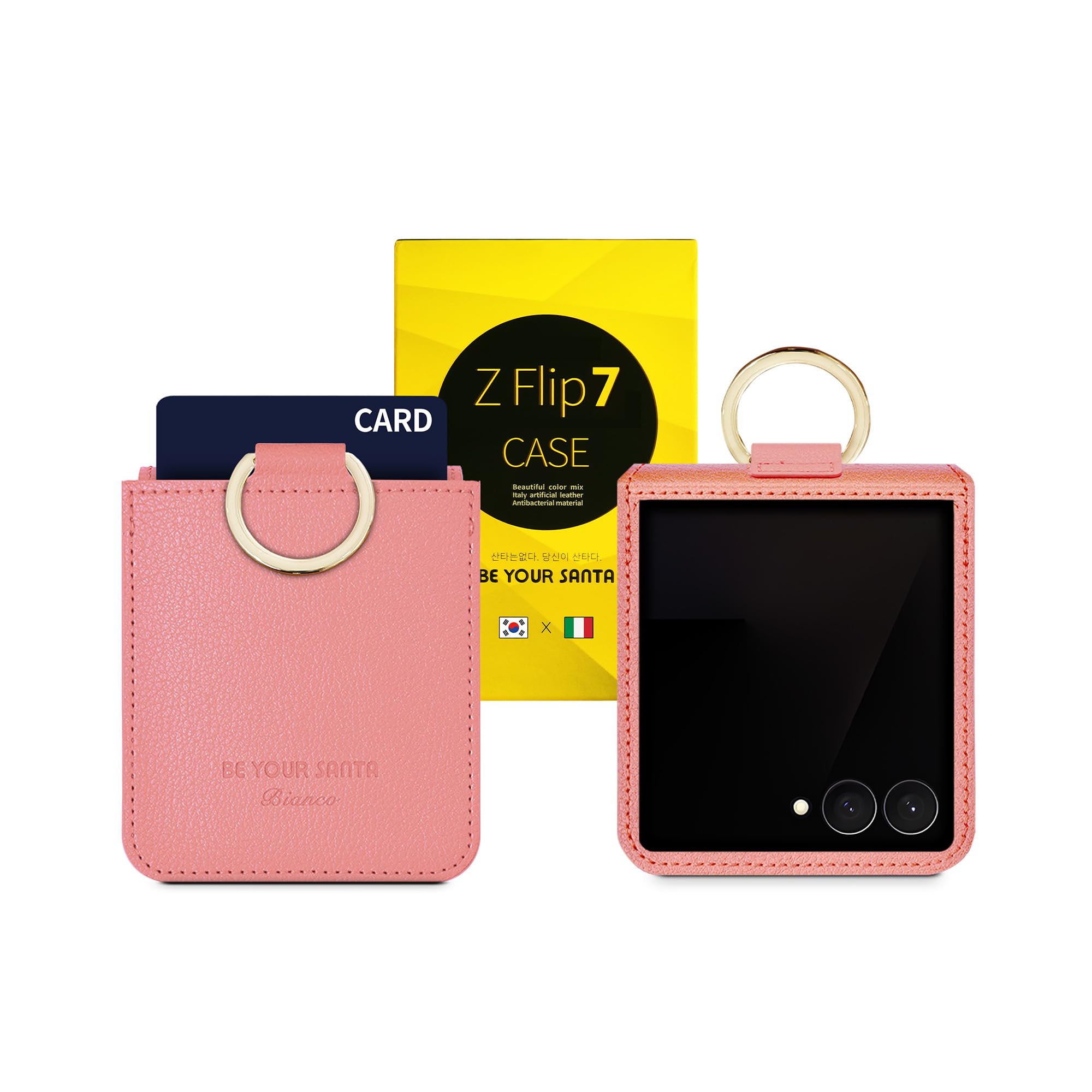 Photo 1 of [BeYourSanta] Galaxy Z Flip 7 Case with Ring - Handmade Italian Vegan Leather Case with 1 Card Slot, Hinge Protection, Camera Cover, Wireless Charging, Made in Korea (Bianco, Coral Pink)