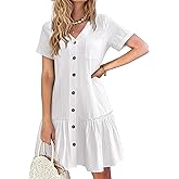 HOTOUCH Women Button Down Dress Loose Summer Cotton Linen Dress Ruffle Hem Casual Dress Short Sleeve Tunic Dress