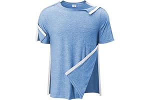 Fififlip Men's Post Shoulder Surgery Shirts Tear Away Recovery Short Sleeve Full Open Side Snap Chemo Shirt Adaptive Clothing