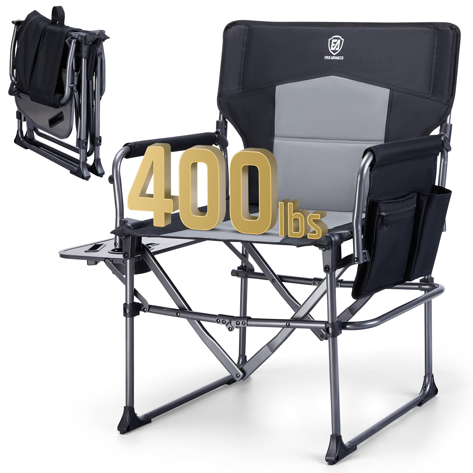 EVER ADVANCED Camping Directors' Chair with Side Table, Portable Folding with Compact Size, Heavy Duty Lawn Chair with Pocket for Camping, Lawn, Sports and Fishing, 400lbs, Black Image