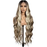 DÉBUT Skunk Stripe Highlight 613 Blonde Body Wave Long Wavy Lace Front Wigs 13x4 Middle Part Synthetic Lace Wig for Women Slight Pre Plucked Hairline with Baby Hair Ombre Blond 36 Inches