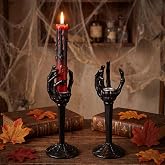 Qinyoung 2 Set Halloween Skull Taper Candle Holders Skeleton Hands, Black | Gothic Skull Tea Light Candlestick Stand, Spooky Horror Decor for Halloween Party, Haunted House Fireplace Mantel Decoration