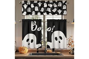 Xsinufn Halloween Kitchen Curtains Valances and Tiers 3 Piece Set,Boo Ghost Spooky Rod Pocket Short Tier Curtain Over Sink Window,Farmhouse Cafe Black Curtains for Kitchen Decor 36 Inch