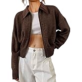 Saodimallsu Womens Zip Up Barn Jacket Cropped Faux Leather Collared Open Front Long Sleeve Fall Cardigan Sweaters