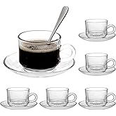 GURUDAR Glass Tea Cups and Saucers Set of 6, Clear Coffee Mugs with Stainless Steel Spoon, Dishwasher & Microwave Safe Teacups for Espresso Cappuccino Latte Tea Juice, 6OZ/180ML