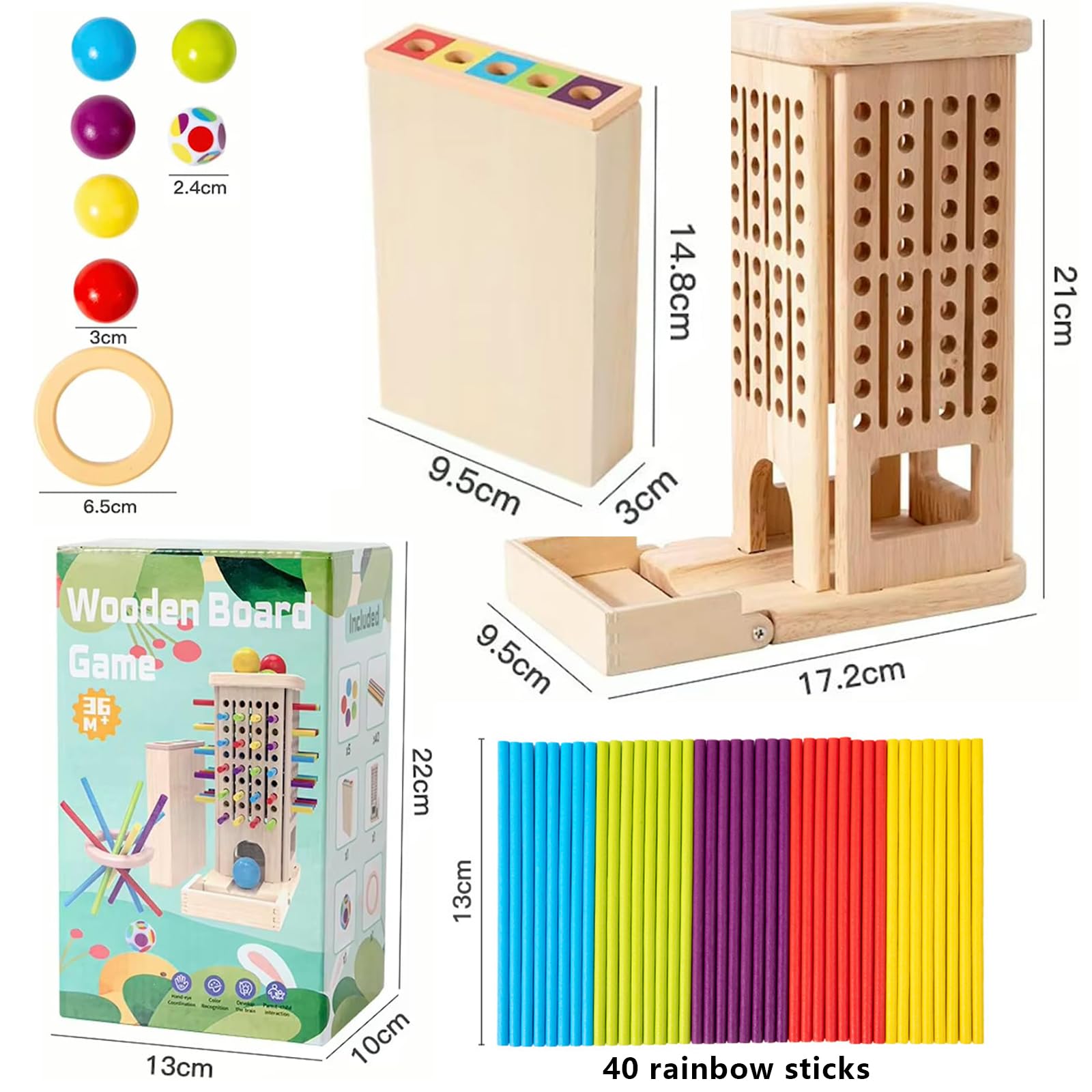 Guopai Montessori Spielzeug ab 3 Jahre – Lernspiel für Kinder – Holz Brettspiel mit 40 Bunte Holzstäbchen, Würfeln & Holzbox – Fördert Feinmotorik, Geschenk Mädchen Jungen von 3-9 Jahren 6