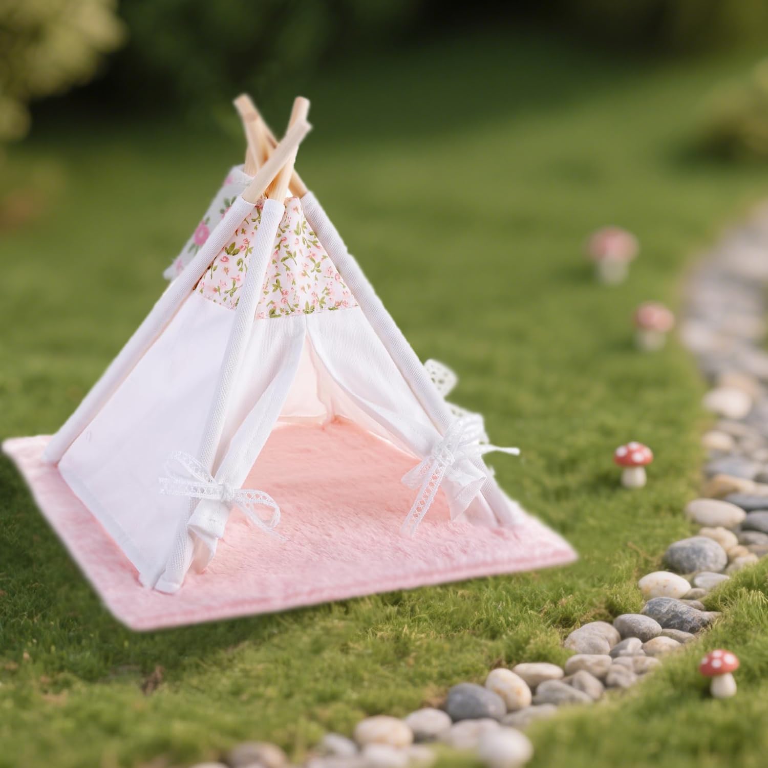 Minamzee 1:12 Dollhouse Camping Bed Tent, 1 Set Fairy Style Mini Pink Lace Tent with Carpet, Miniature Outdoor Furniture Accessories for Bedroom,Patio and Garden