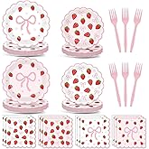 96Pcs Strawberry Party Plates and Napkins Bow Berry Sweet Scalloped Birthday Plates Party Supplies Pink Coquette Strawberry Tableware for Girls Baby Shower Wedding Birthday Decor 24 Guests