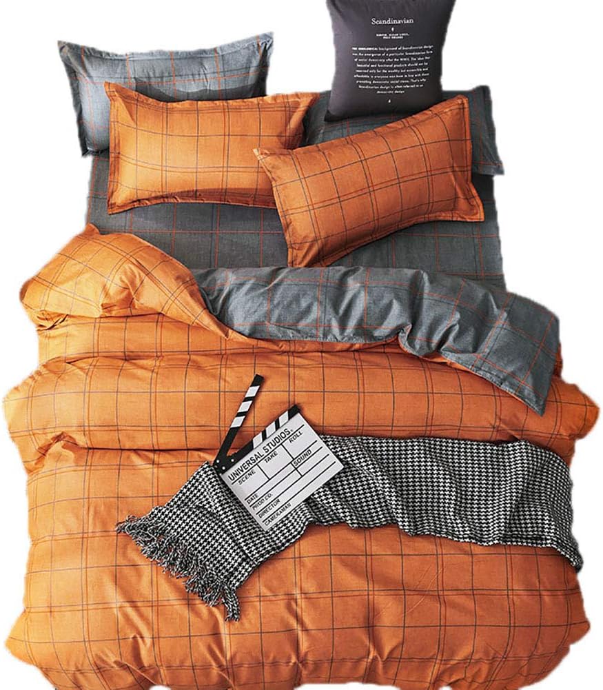 Loussiesd Double Duvet Cover Set Check Reversible Orange and Grey Quilt