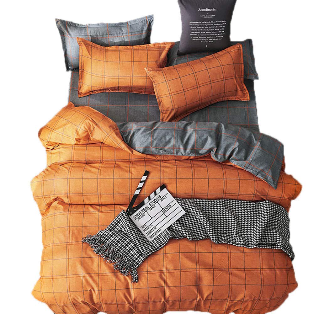 Loussiesd Check Duvet Cover Set King Bedding Set with Pillow Shames, Reversible Orange and Grey Bedding sets with Zipper Closure, Plaid Bedding &Linen Soft Microfiber