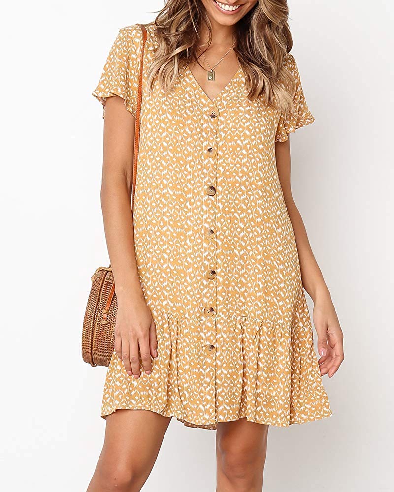 Women\'s Summer Button Down Polka Dot Dress Casual Ruffle Beach Sundresses Flowy Bohemian V Neck Cute Mini Tshirt Dress Yellow