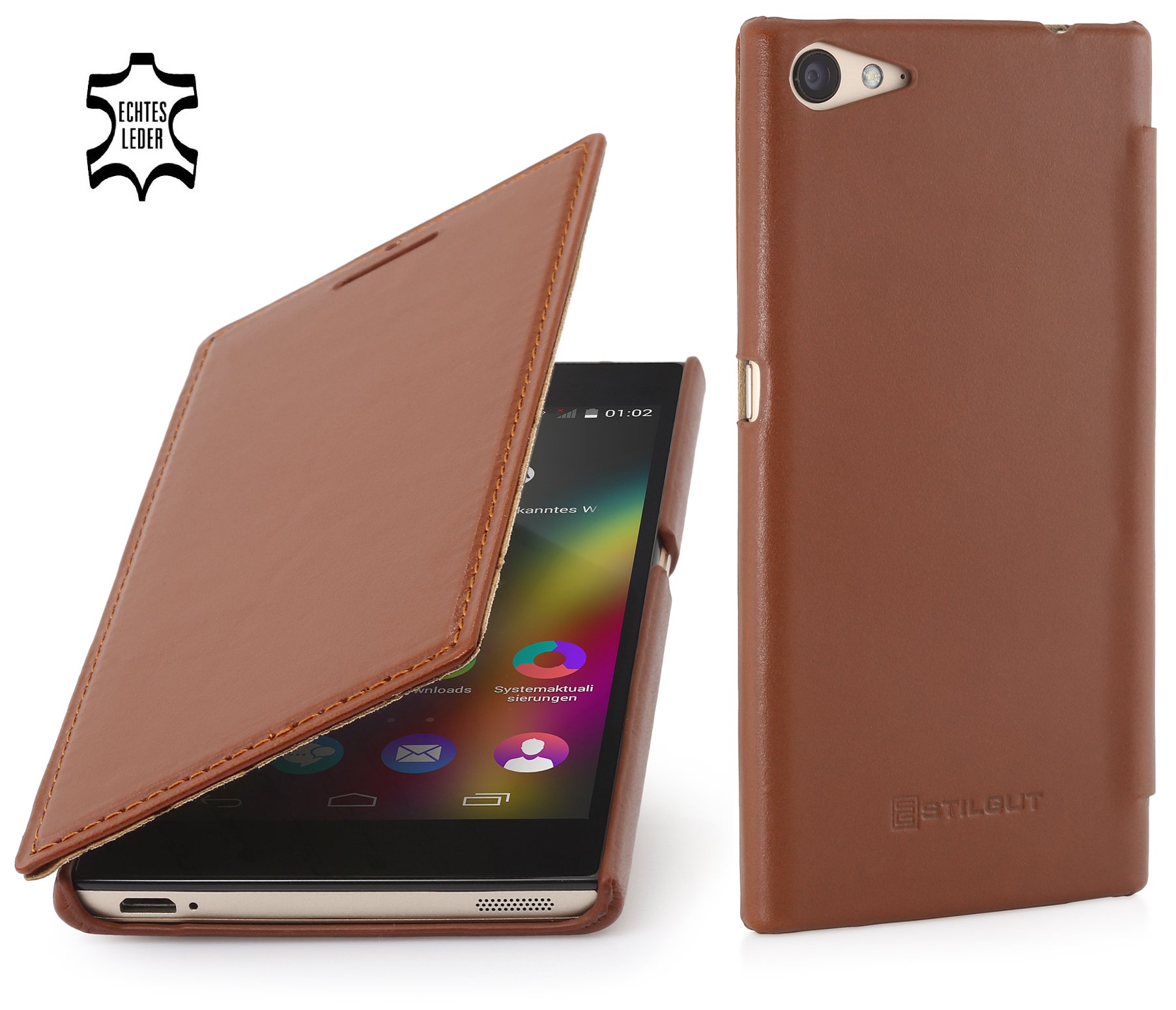 StilGut Leather Book Type Case Compatible with Wiko Highway Star, Cognac Brown — image 1