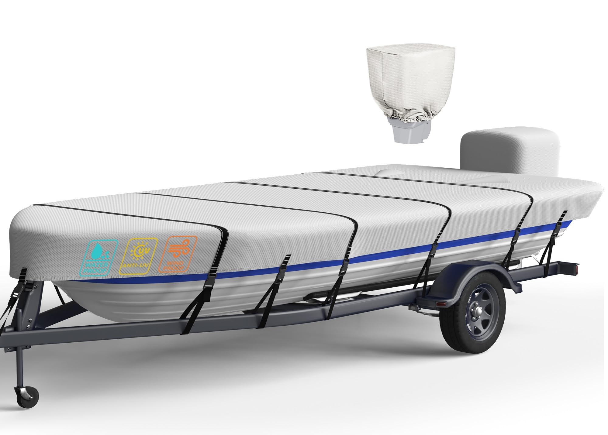 Photo 1 of Heavy Duty 5 Layers 1200D Jon Boat Cover 14ft - 16 ft with Motor Cover, 100% Waterproof Trailerable Jon Boat Covers 14-16 Foot with 9+4 Pcs Windproof Straps