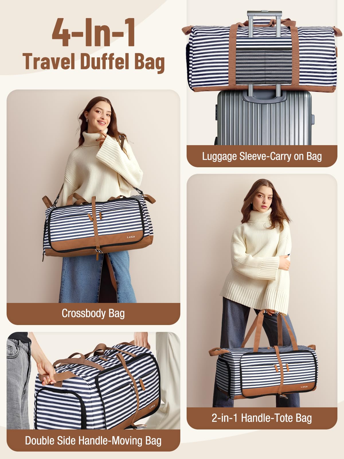 Lekesky Reisetasche Damen 60L Faltbare Reisetasche Weekender Sporttasche mit Schuhfach, wasserdichte Handgepäck Tasche/Sporttasche/Krankenhaustasche (Blau Gestreift) 5