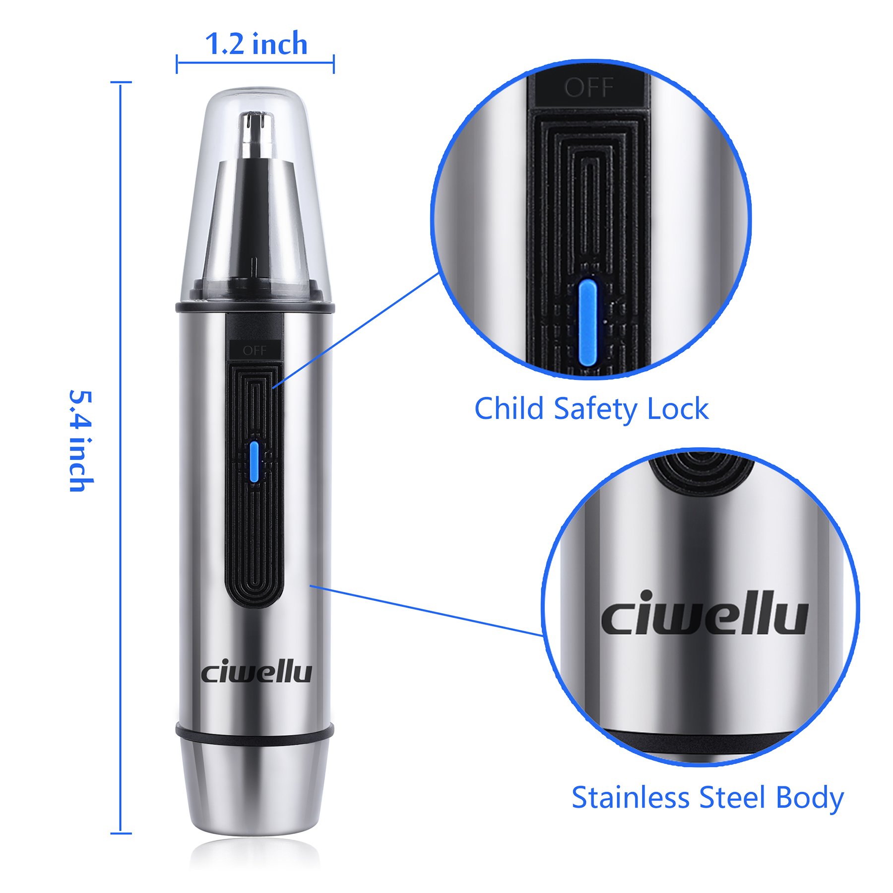 Nose Hair Trimmer, Ciwellu 3 in 1 Water Resistant Stainless Steel Nose Clipper Beard and Eyebrow Trimmer with LED Light, Battery-Operated, Silver