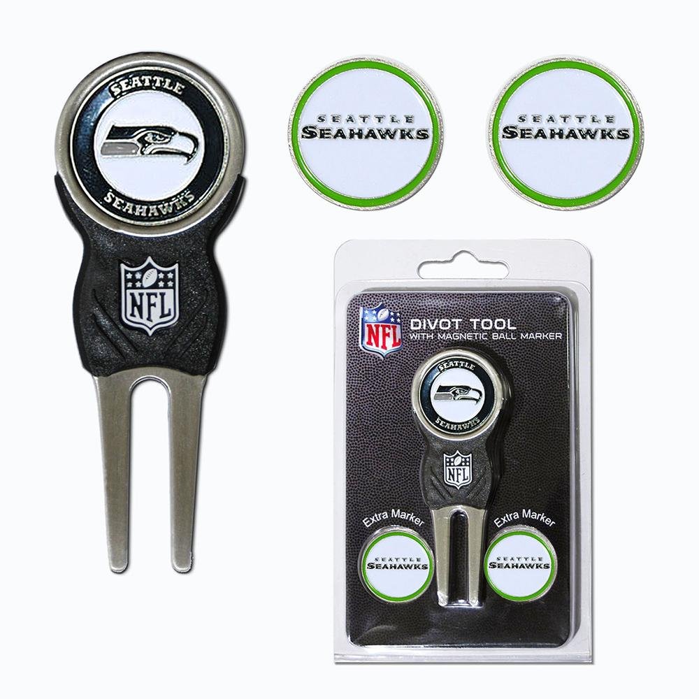 Team Golf NFL Seattle Seahawks Divot Tool Pack With 3 Golf Ball Markers Divot Tool with 3 Golf Ball Markers Pack, Markers are Removable Magnetic Double-Sided Enamel