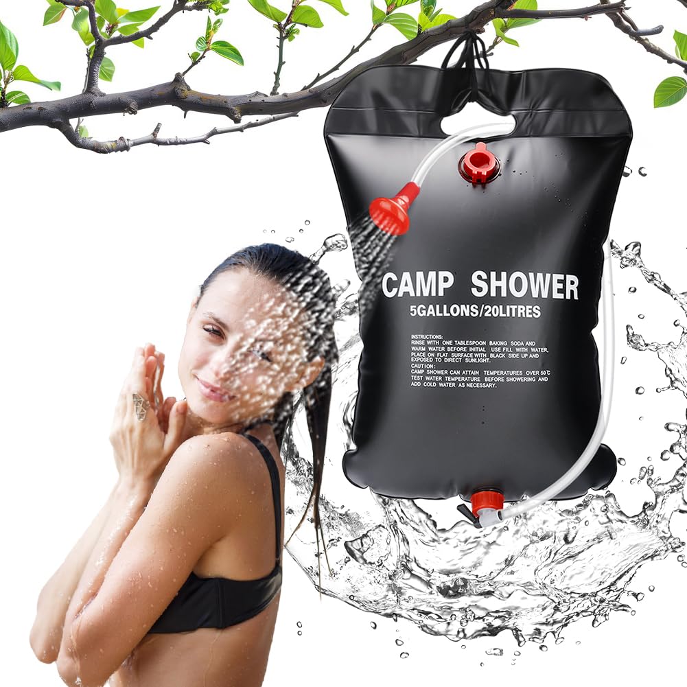 DANNEEFORSU7 Solar Shower Camping, 20L Portable Shower Camping Shower Bag Heated Travel Shower Bag with Switchable Shower Head for Hot Water Beach Hiking Backpacking Shower Tent Cleaning Dogs&Fruits