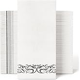 JOLLY CHEF 100 Disposable Hand Towels, Soft and Absorbent Linen Feel Dinner Napkin, Elegant Decorative Paper Guest Towels for Kitchen, Bathroom, Weddings, Parties, Silver and White