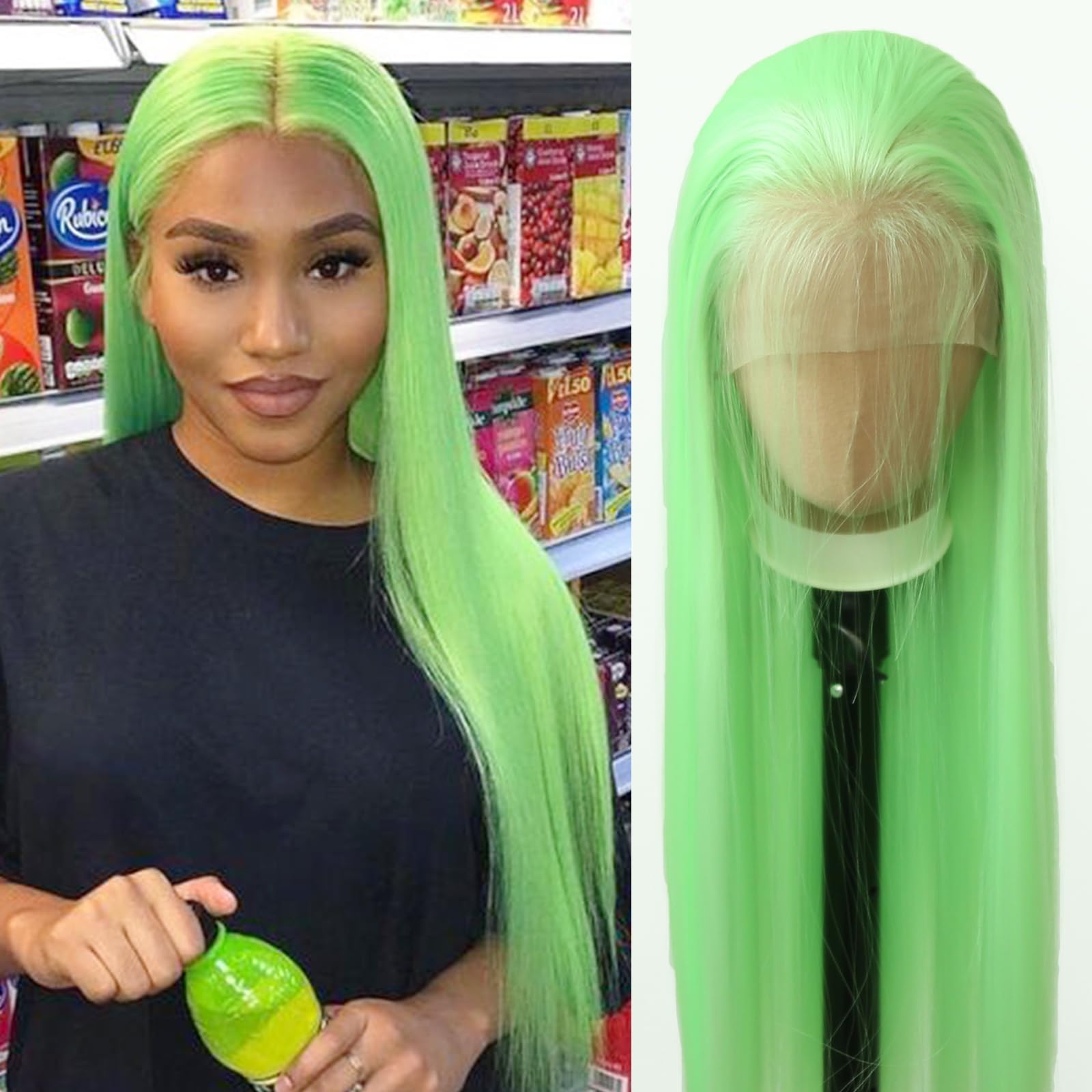Towarm Light Green Wig Long Straight Apple Green Synthetic Lace Front Wigs Pre Plucked Natural Hairline with Baby Hair for Black Women Heat Resistant Fiber Hair Cosplay Daily Wear Wig (Light Green) — image 1