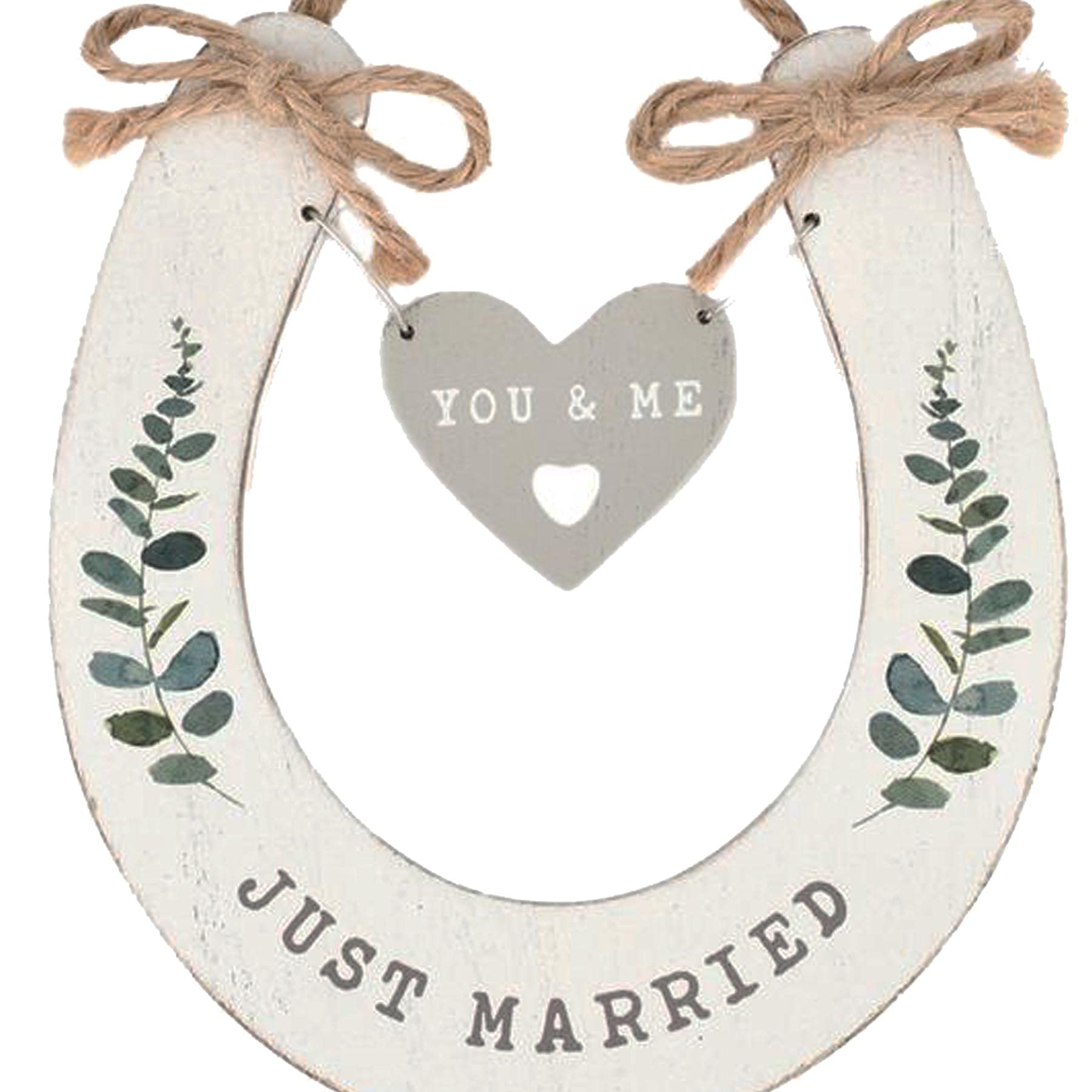 Widdle Gifts Wooden 'Just Married' Wedding Horseshoe White with Hanging Heart 1154