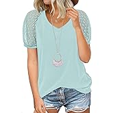 MIHOLL Women's Lace Short Sleeve V Neck Shirts Loose Casual Tops Tee Shirt