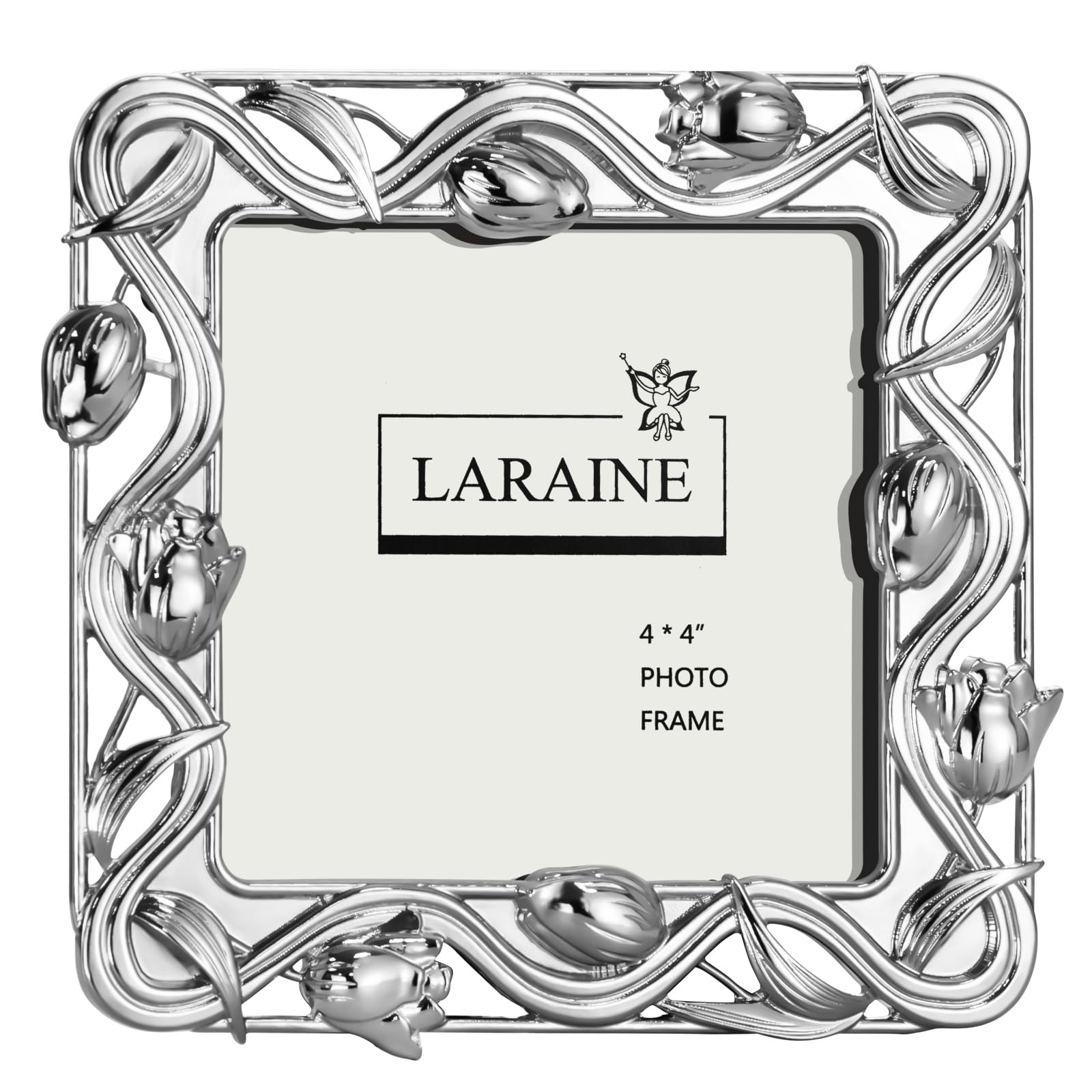 Photo 1 of 4x4 inch Picture Frame Metal Tulip Ribbon Design for Countertop, Counterspace, Tabletop Display, Perfect for Home Decor, Wedding, Vacation (Silver)