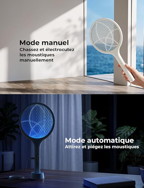 Raquette Electrique Insectes, Raquette Anti Moustiques Électrique 4000 V 1500 mAh Rechargeable avec Base Stable Contre Moustiques Mouches Insectes Volants, Blanc