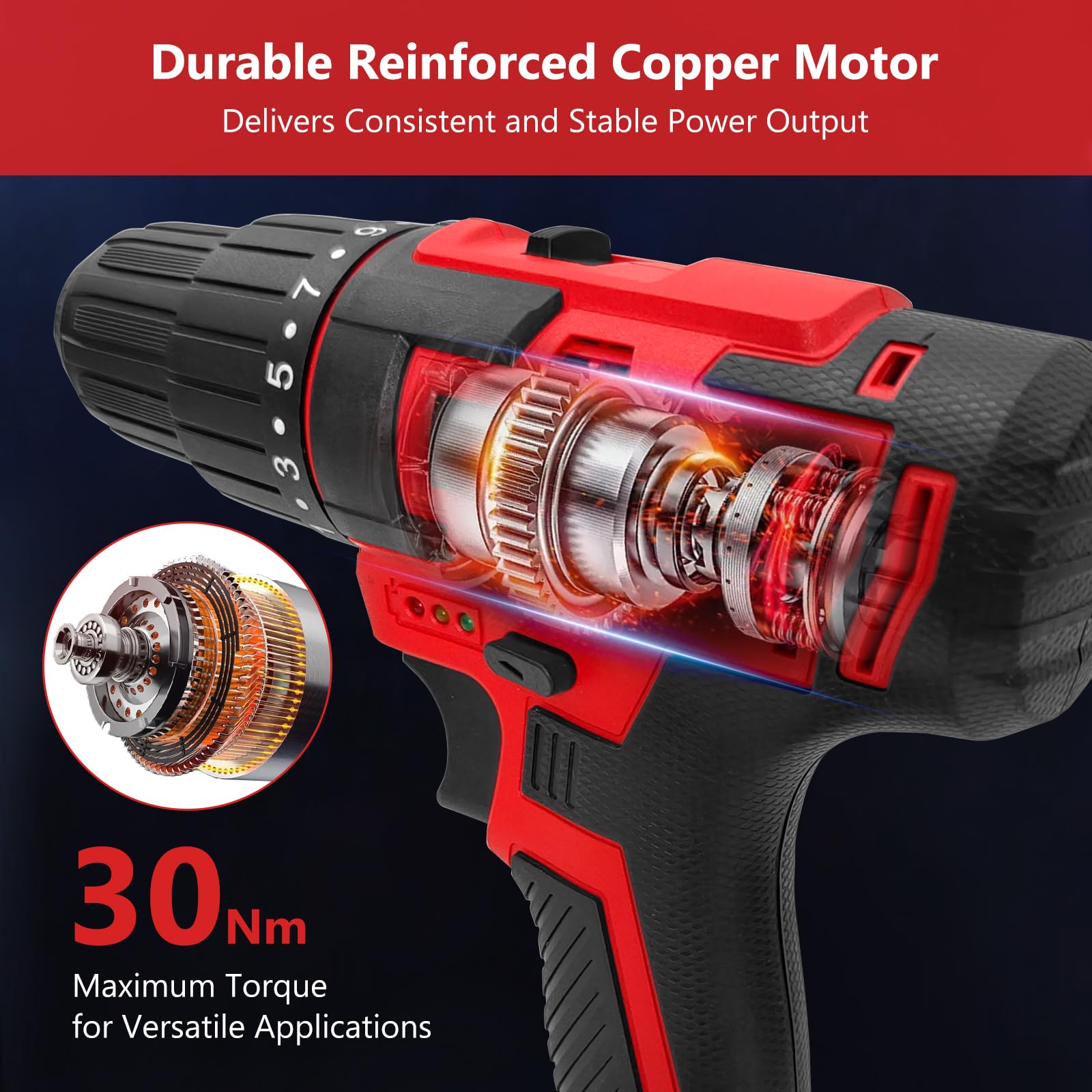20V Power Drill Cordless, Cordless Drill with Battery and Charger with Torque 30N, Impact Function, 3/8-Inch Keyless Chuck for Screwdriving and Drilling (Battery×2)