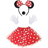 Humairc Mouse Costume Kit incl. Red Tutu Skirt 4 Layers, Mouse Ear Headband, 2 White Gloves, 1 Black Nose - Cosplay Costumes for Girls Fancy Dress for Women