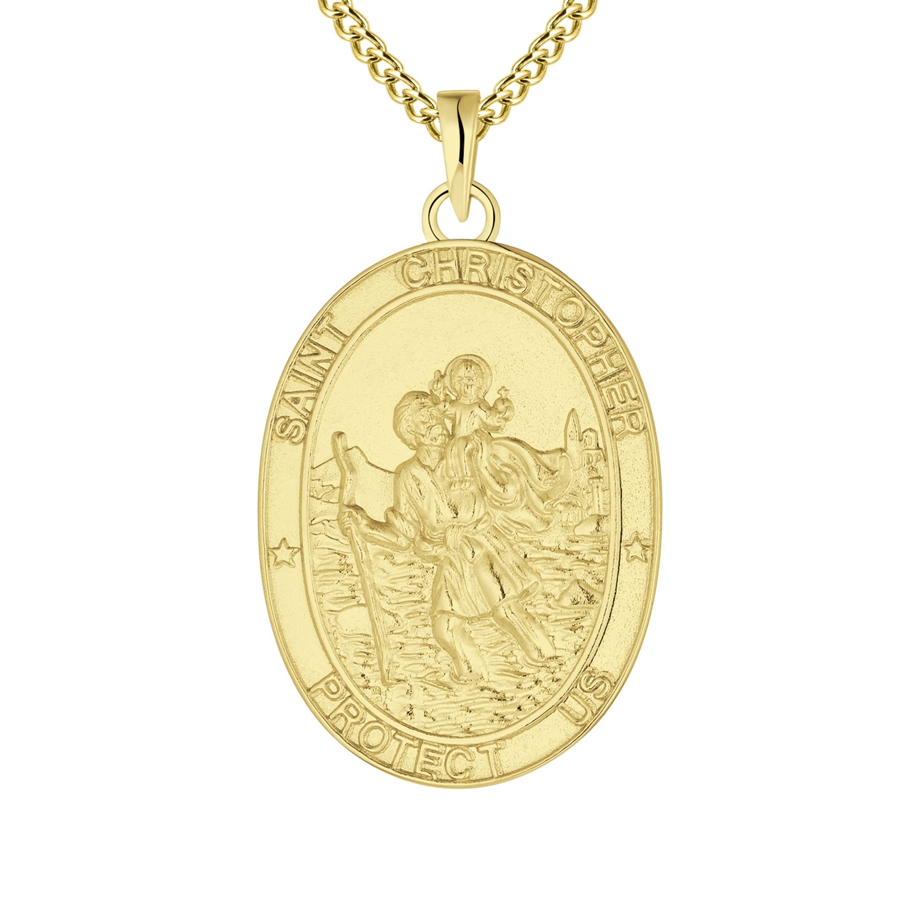 FJ 18ct Gold Plated St Christopher Necklace 925 Sterling Silver for Men Women Saint Christopher Pendant Necklace with 24 Inch Chain (Oval)