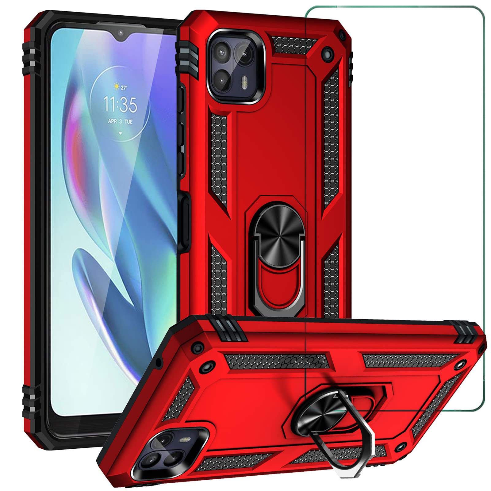 SHYXGLON Case for Motorola Edge 20 Lite with Screen Protector Armor Silicone Shockproof Heavy Duty Anti Scratch Military Grade Ring Holder Kickstand Cover for Motorola Moto Edge 20 Lite (Red)