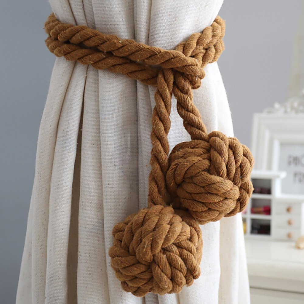 One Pair Of Handmade Curtain Tie Backs, Tied Curtain Clip Tassel Cotton Rope Tie Ball Back Curtain Accessories (Brown)