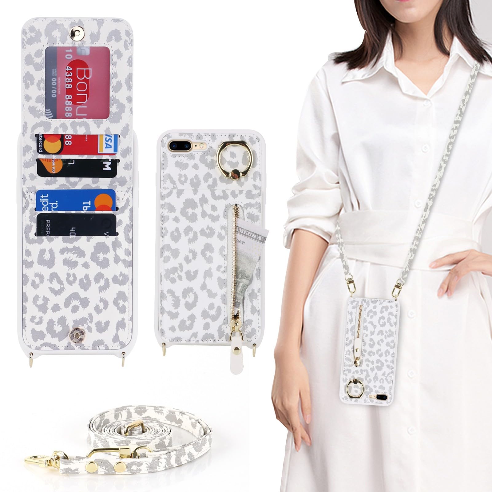 Zouzt for iPhone 7 Plus/iPhone 8 Plus 5.5 Inch Case with Cord and Card Holde, Zipper Wallet Case with Crossbody Lanyard Ring Adjustable Necklace Protective Cover Women - White Leopard