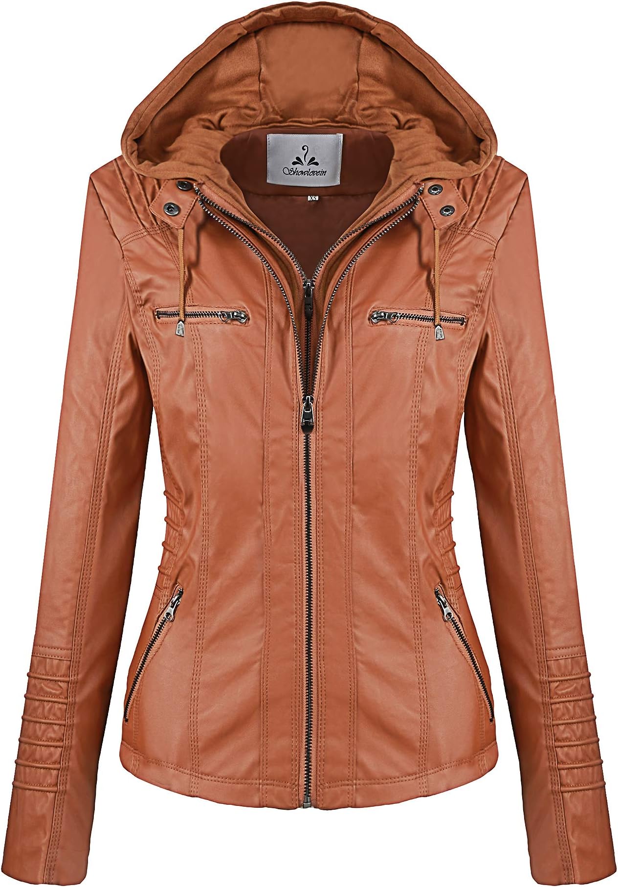 Showlovein Women Hooded Faux Leather Jacket Hat Detachable Motorcycle Jacket