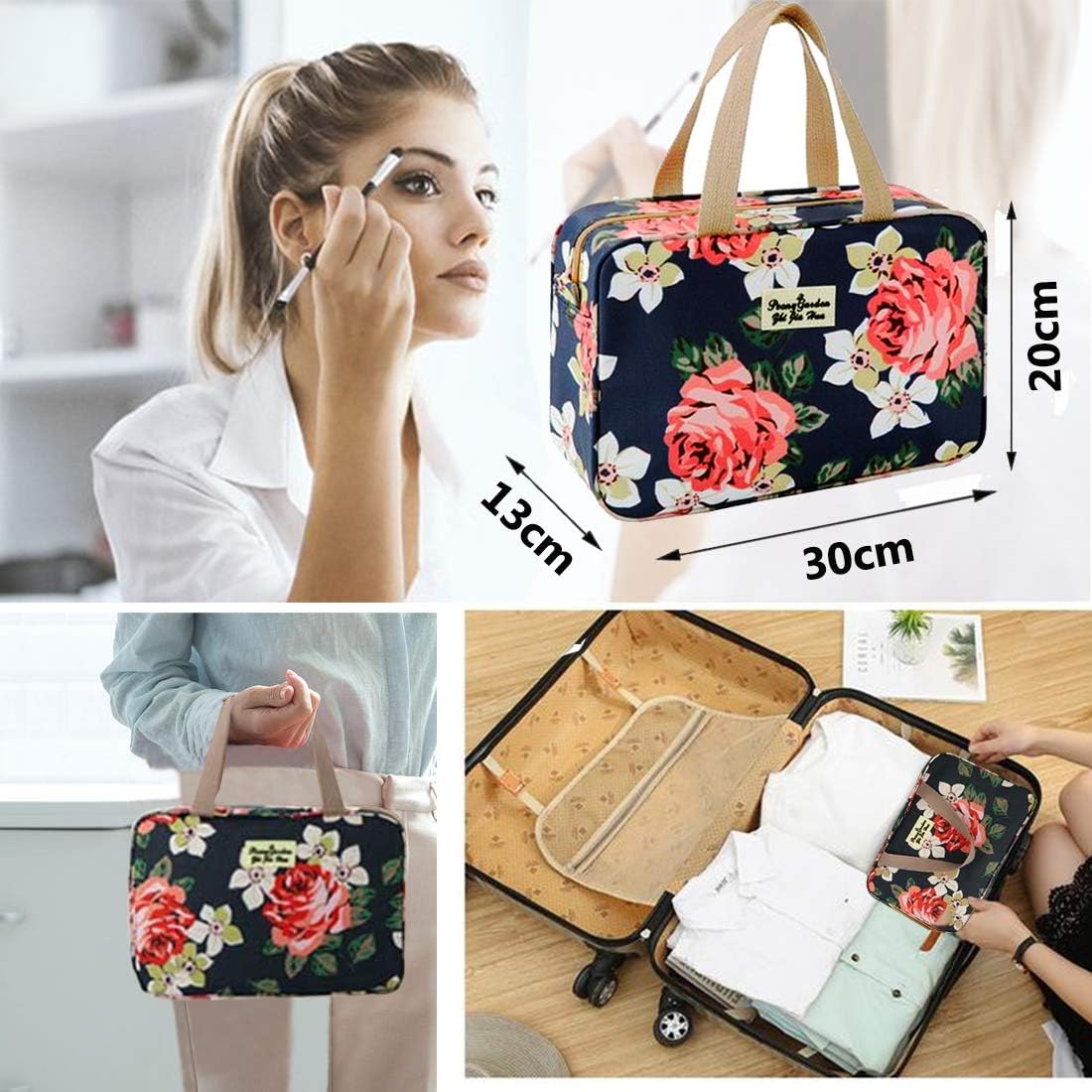 Toiletry Bag for Women Portable Cosmetic Bag Large toiletries Organizer Storage Navy Rose Toiletry Kit Leakproof Travel Make Up for Girls Floral Cosmetic Case (Navy Rose) - Image 5