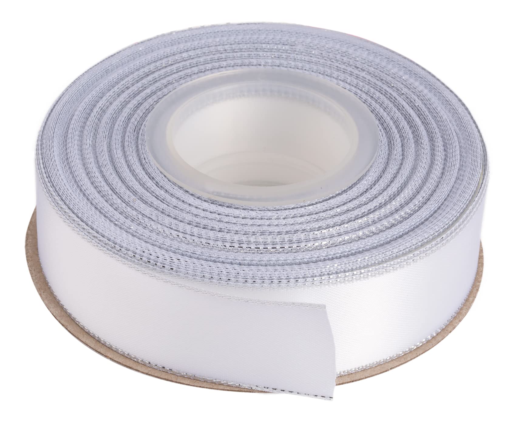 Ribbonitlux 25mm Double Face Satin Ribbon with Silver Edge 22 Meters (029-White), Perfect for Gift Wrapping, Party Decor, Wedding and Craft