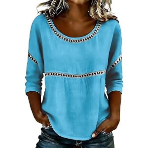 Women 3/4 Sleeve Lace Patch Shirt Casual Crew Neck Dressy Blouses Hollow Out Bohemian Loose Fit Tunics Tops