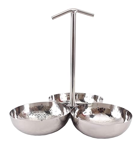 Indian Art Villa Steel Condiment Pickel Set of 3 Bowls|for Serving Vegetables Dishes Hotel Restaurant