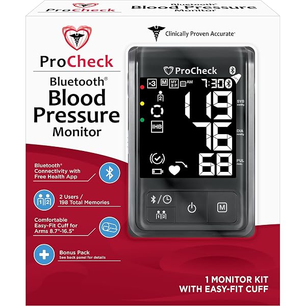 PROCHECK BLUETOOTH UPPER ARM BLOOD PRESSURE MONITOR FOR 2 USERS, WIDE RANGE CUFF FITS MOST, (STORES 198 TOTAL RESULTS), CONNECTS TO HEALTH APP FOR IOS AND ANDROID