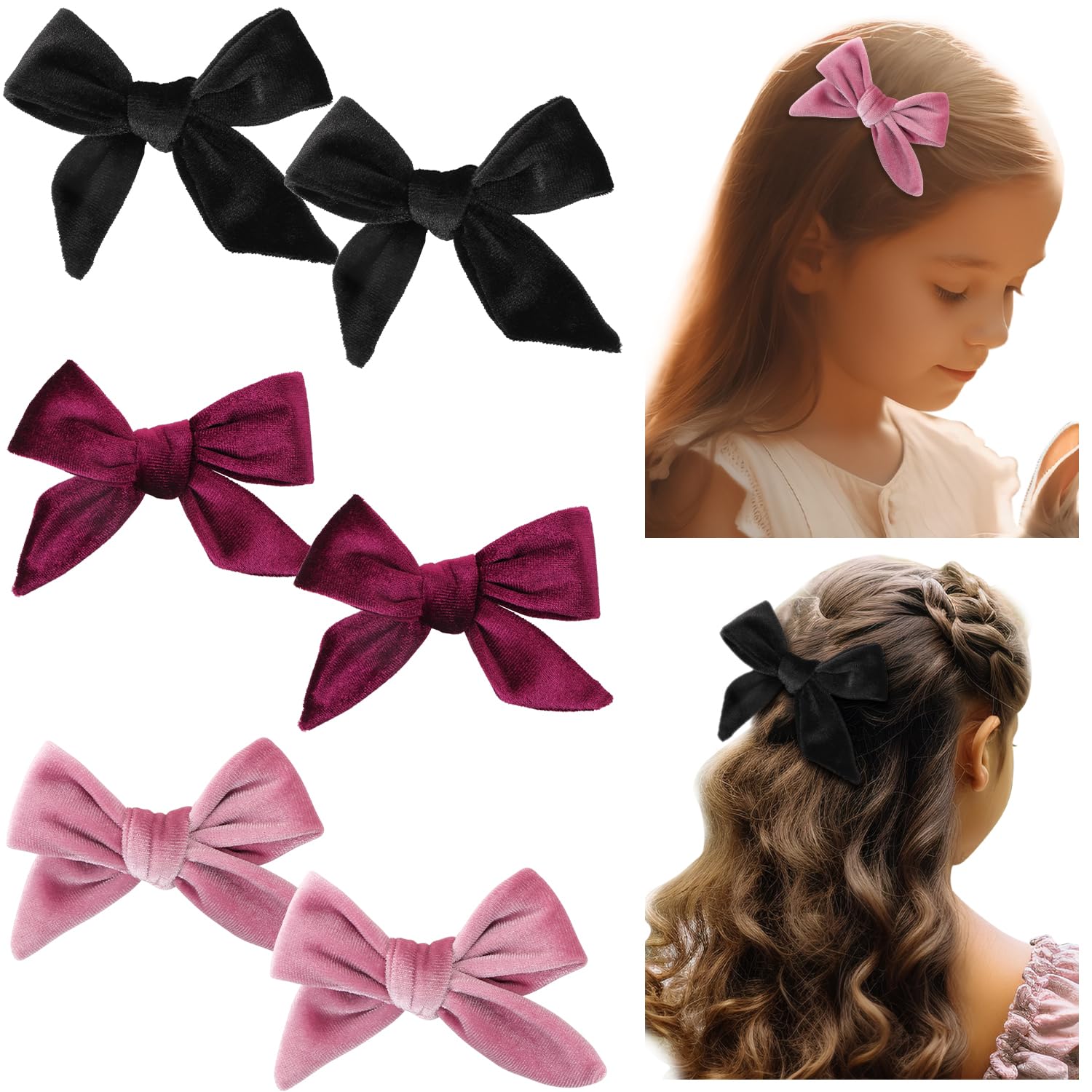 Velvet Hair Bows Hair Clips for Girls，UHOMENY 6Pcs 3.8 Inch Vintage Velvet Bow Ribbon Hair Clip Thick Hair Barrette Pins Accessories for Girls Women (Black, Red, Rose)