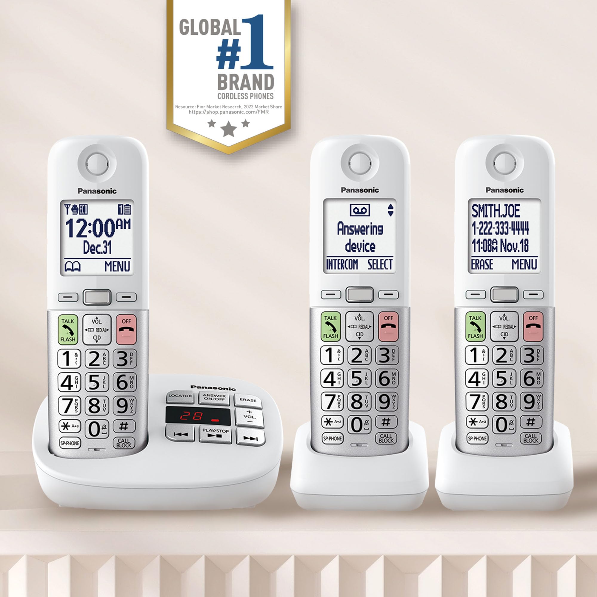 Panasonic Cordless Phone, Easy to Use with Large Display and Big Buttons, Flashing Favorites Key, Built in Flashlight, Call Block, Volume Boost, Talking Caller ID, 2 Cordless Handsets - KX-TGU433W
