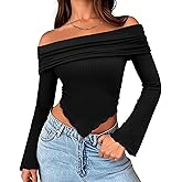 Zanvylia Women Sexy Off Shoulder Crop Top Y2K Trendy Long Sleeve Asymmetrical Fitted Spring Fall Going Out Nightout Shirt